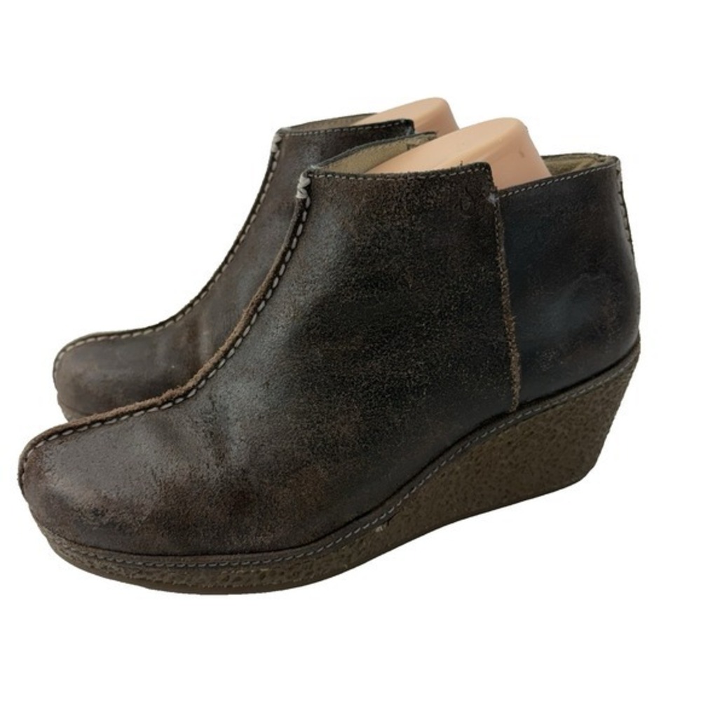 Olukai Humu Womens Size 8 Brown Leather Wedge Ankle Boots Side Zip